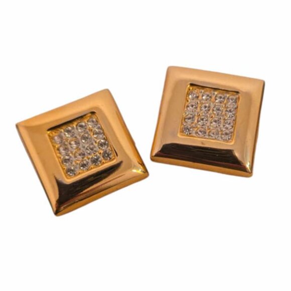 Vintage 80s/90s Clip Earrings Goldtone Square w Crystals Rhinestones Clip-on - Picture 4 of 4